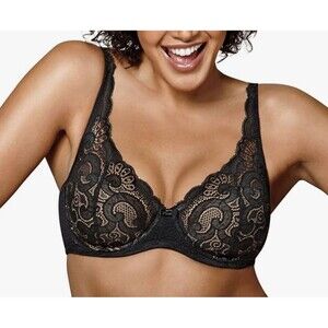 Playtex Womens Bra Love My Curves Thin Foam Lace Underwire Black/Nude 36 C NWT
